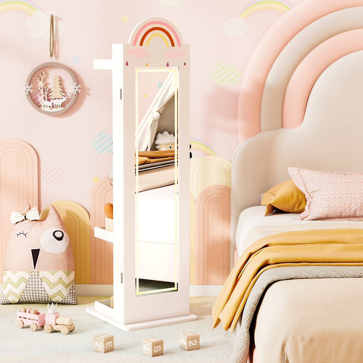 3 In 1 Kids Jewelry Cabinet Freestanding Jewelry Armoire with 3-Color Lighted Mirror-White
