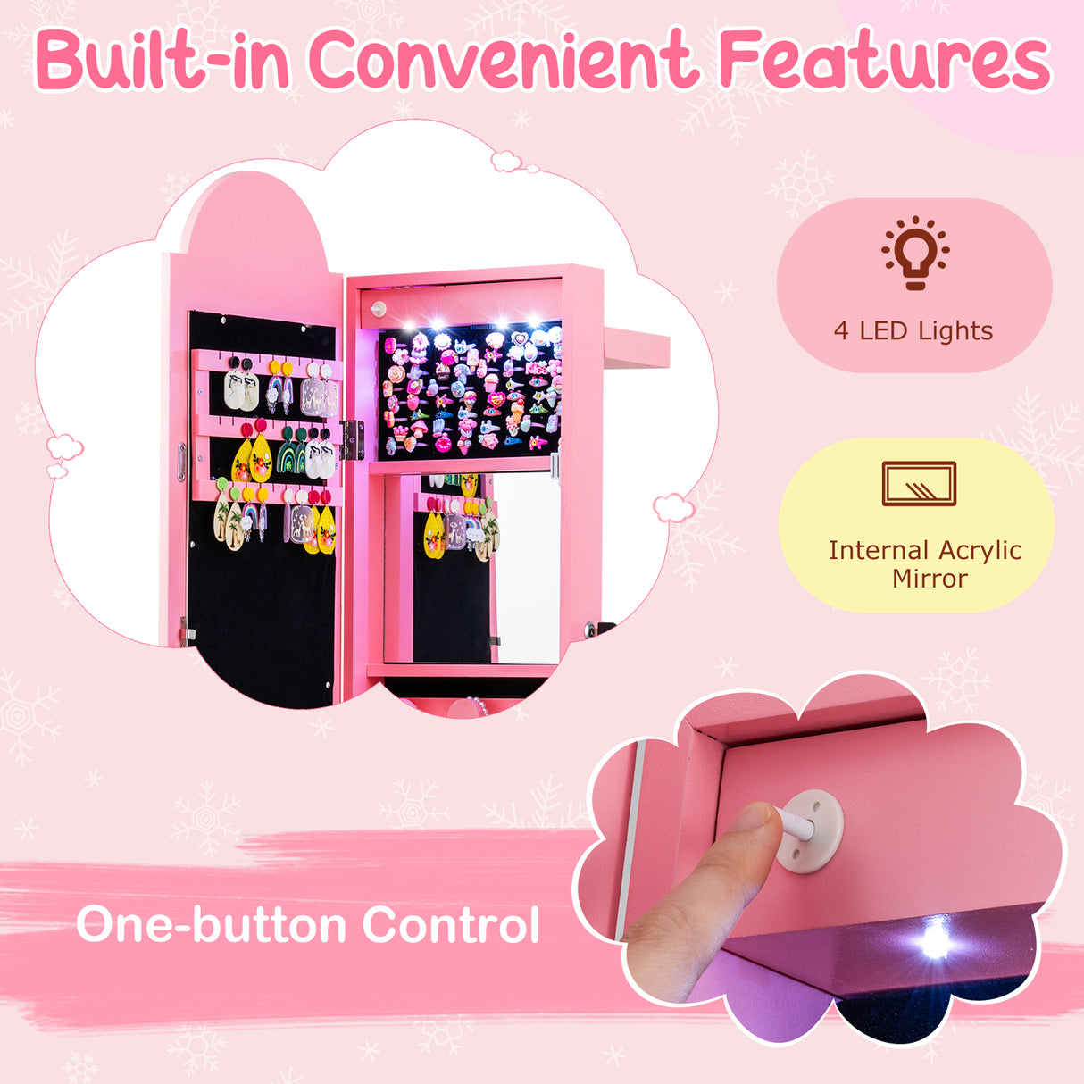 3 In 1 Kids Jewelry Cabinet Freestanding Jewelry Armoire with 3-Color Lighted Mirror-Pink
