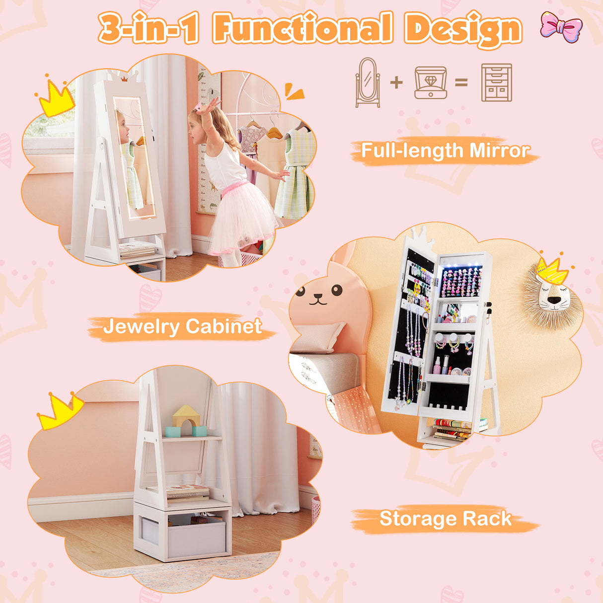 3 In 1 Kids Jewelry Cabinet with 3-Color Lighted Full Length Mirror-White