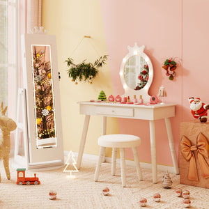 3 In 1 Kids Jewelry Cabinet with 3-Color Lighted Full Length Mirror and Internal Mirror-White