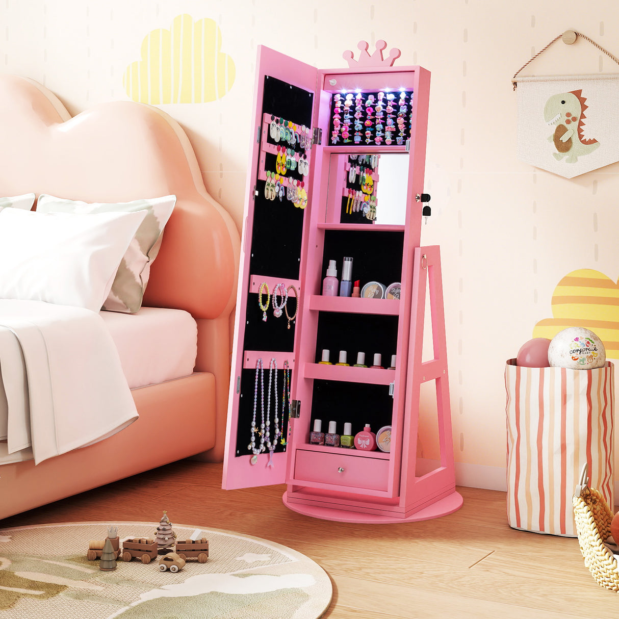 3 In 1 Kids Jewelry Cabinet with 3-Color Lighted Full Length Mirror and Internal Mirror-Pink