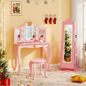 3 In 1 Kids Jewelry Cabinet with 3-Color Lighted Full Length Mirror and Internal Mirror-Pink