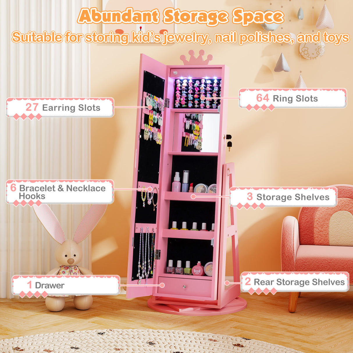 3 In 1 Kids Jewelry Cabinet with 3-Color Lighted Full Length Mirror and Internal Mirror-Pink