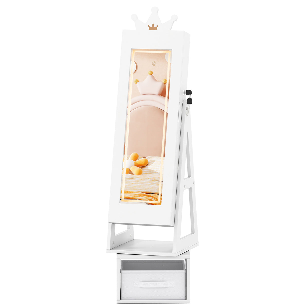 3 In 1 Kids Jewelry Cabinet with 3-Color Lighted Full Length Mirror-White