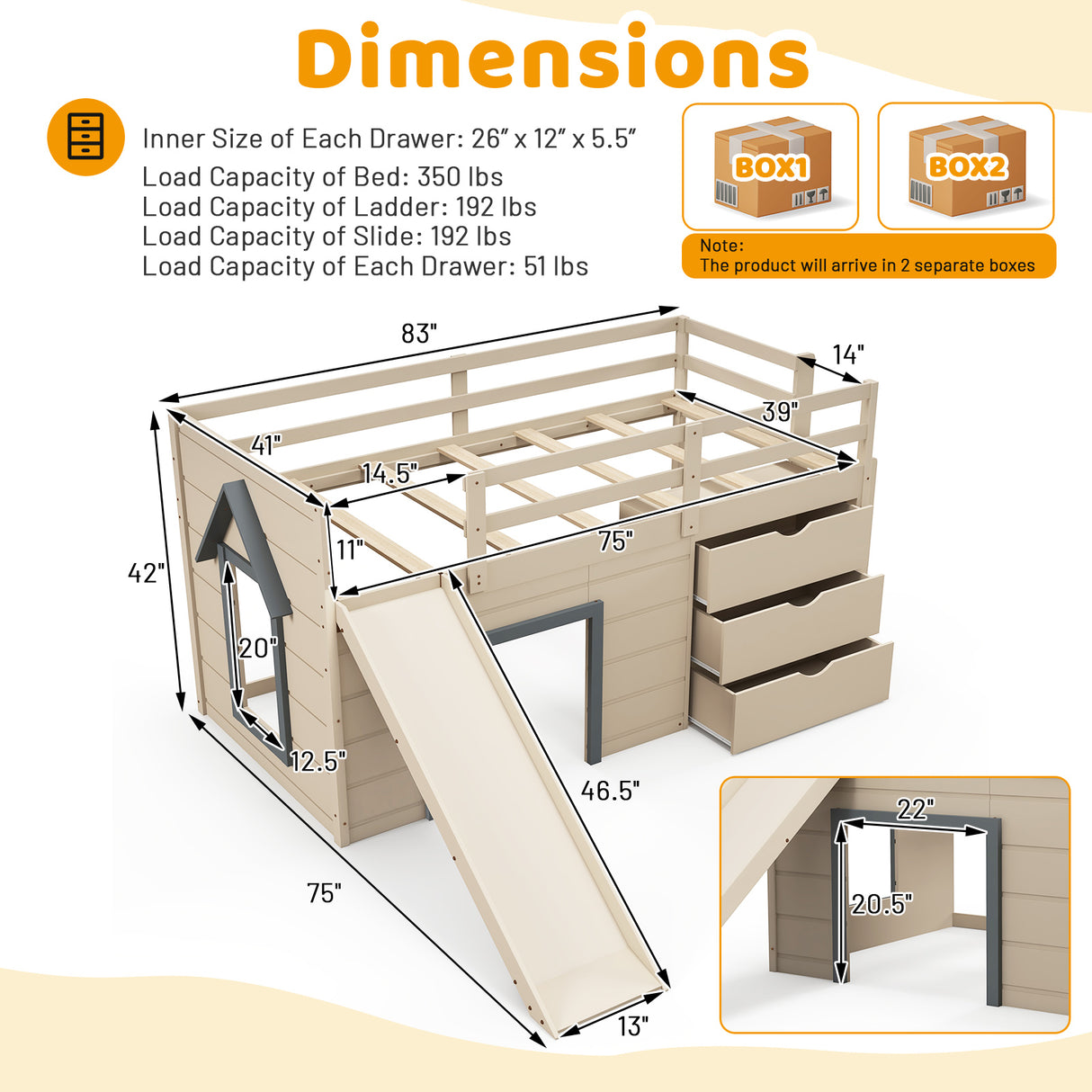 3-In-1 Twin Loft Bed with Slide Ladder Drawers for Kids Teens-Beige