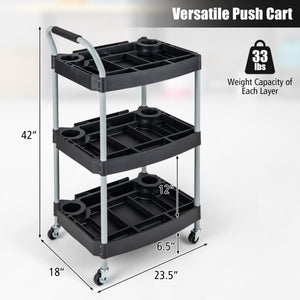 3 Layer Detailing Tool Utility Cart Tool Organizer Mobile Rolling Cart with Multiple Divider-Black