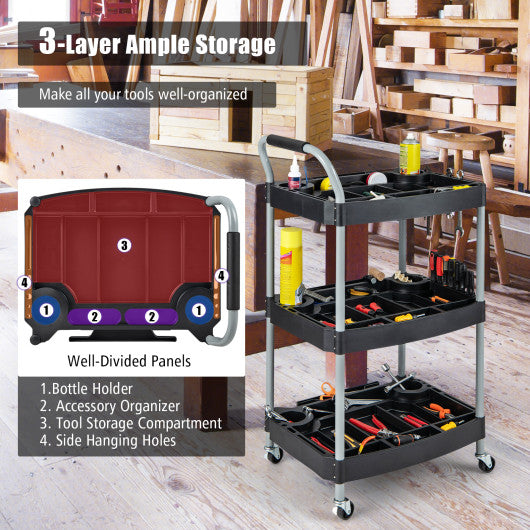 3 Layer Detailing Tool Utility Cart Tool Organizer Mobile Rolling Cart with Multiple Divider-Black
