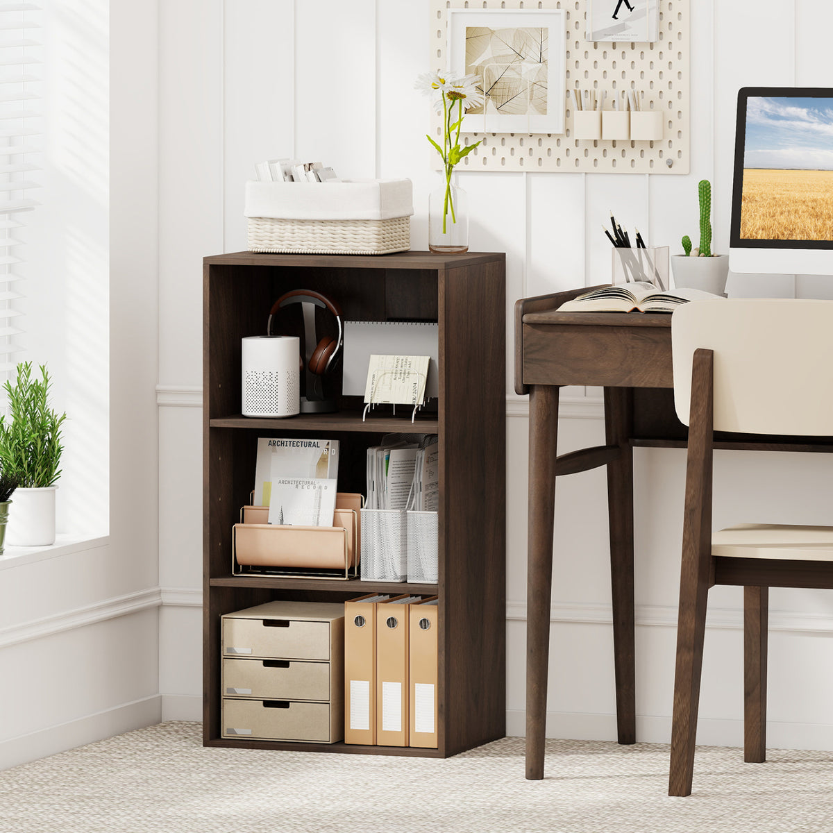 3 Open Shelf Bookcase Modern Storage Display Cabinet-Walnut