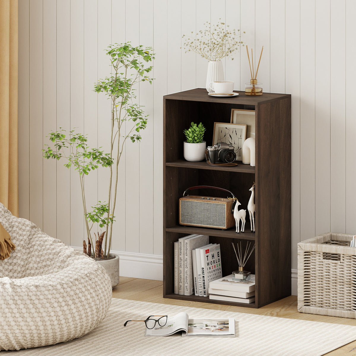 3 Open Shelf Bookcase Modern Storage Display Cabinet-Walnut