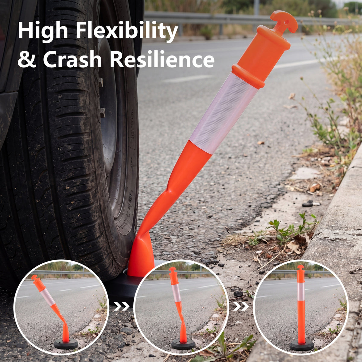 3 Pack Traffic Delineator Posts with Fillable Base for Parking Lots and Construction