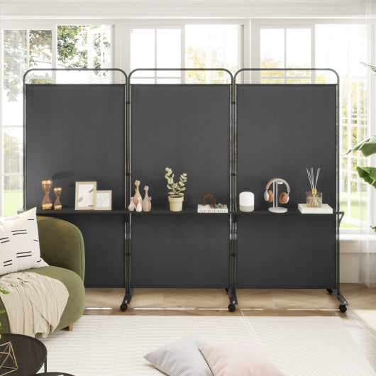 3-Panel Folding Room Divider with 3 Metal Shelves and Lockable Wheels-Black
