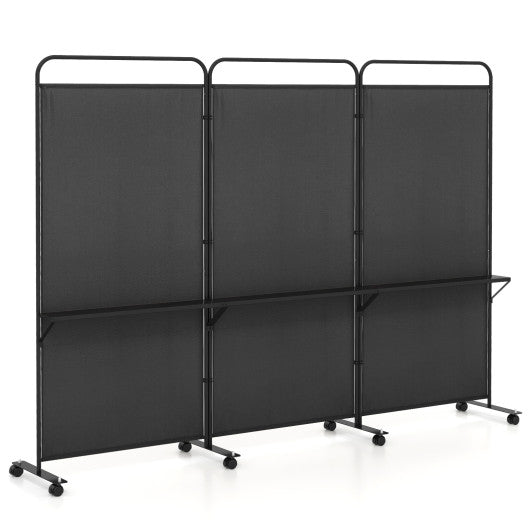 3-Panel Folding Room Divider with 3 Metal Shelves and Lockable Wheels-Black