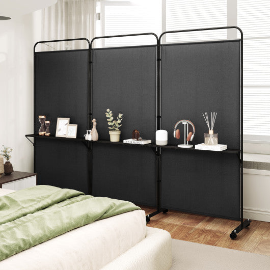 3-Panel Folding Room Divider with 3 Metal Shelves and Lockable Wheels-Black