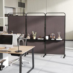 3-Panel Folding Room Divider with 3 Metal Shelves and Lockable Wheels-Brown