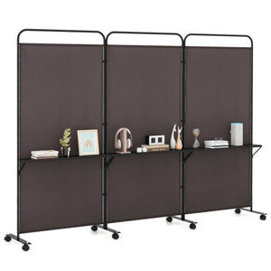 3-Panel Folding Room Divider with 3 Metal Shelves and Lockable Wheels-Brown