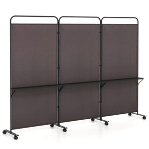 3-Panel Folding Room Divider with 3 Metal Shelves and Lockable Wheels-Brown