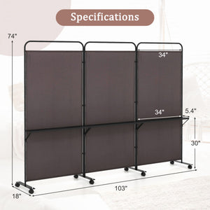 3-Panel Folding Room Divider with 3 Metal Shelves and Lockable Wheels-Brown