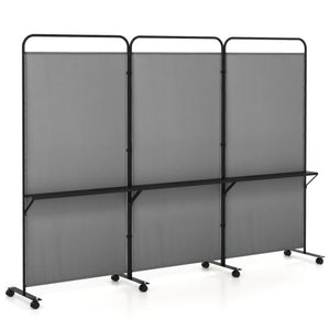3-Panel Folding Room Divider with 3 Metal Shelves and Lockable Wheels-Gray