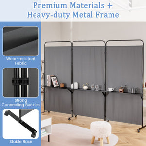 3-Panel Folding Room Divider with 3 Metal Shelves and Lockable Wheels-Gray