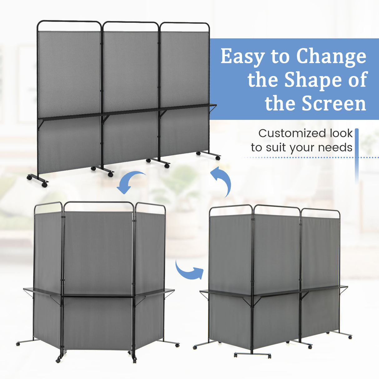 3-Panel Folding Room Divider with 3 Metal Shelves and Lockable Wheels-Gray