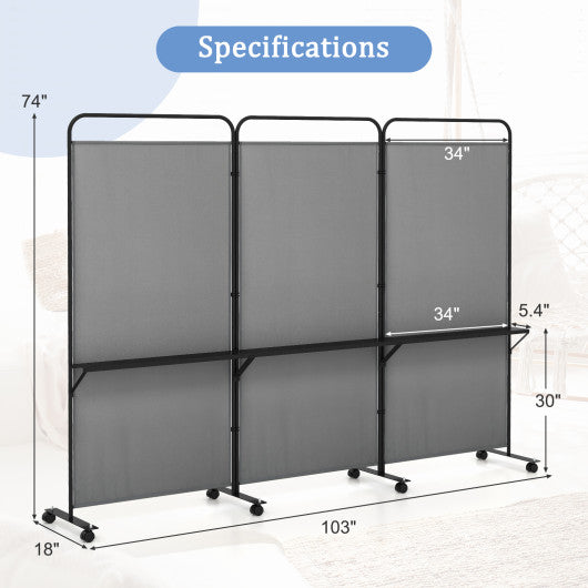 3-Panel Folding Room Divider with 3 Metal Shelves and Lockable Wheels-Gray