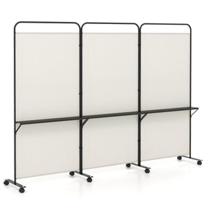 3-Panel Folding Room Divider with 3 Metal Shelves and Lockable Wheels-White