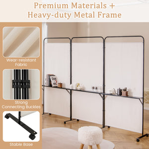 3-Panel Folding Room Divider with 3 Metal Shelves and Lockable Wheels-White