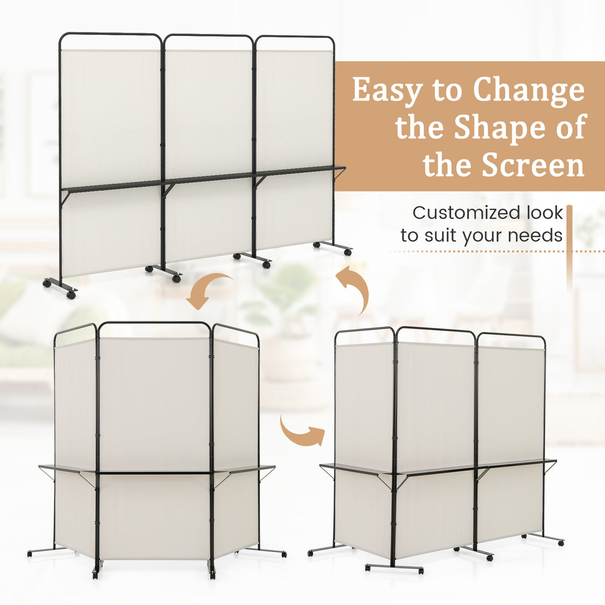 3-Panel Folding Room Divider with 3 Metal Shelves and Lockable Wheels-White
