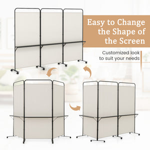 3-Panel Folding Room Divider with 3 Metal Shelves and Lockable Wheels-White