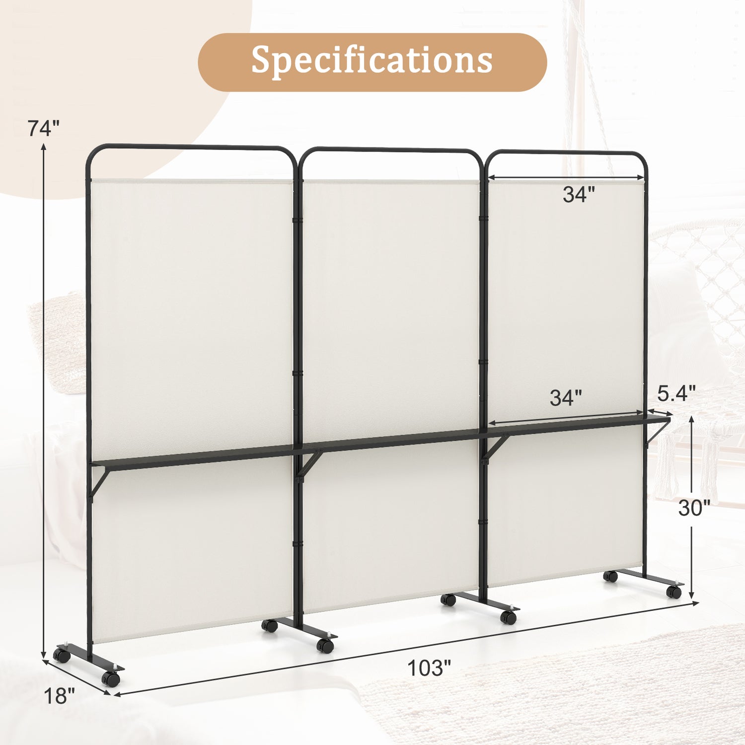 3-Panel Folding Room Divider with 3 Metal Shelves and Lockable Wheels-White