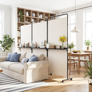 3-Panel Room Divider with Shelves 6 FT Tall Folding Privacy Screen with Lockable Wheels-White