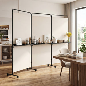 3-Panel Room Divider with Shelves 6 FT Tall Folding Privacy Screen with Lockable Wheels-White