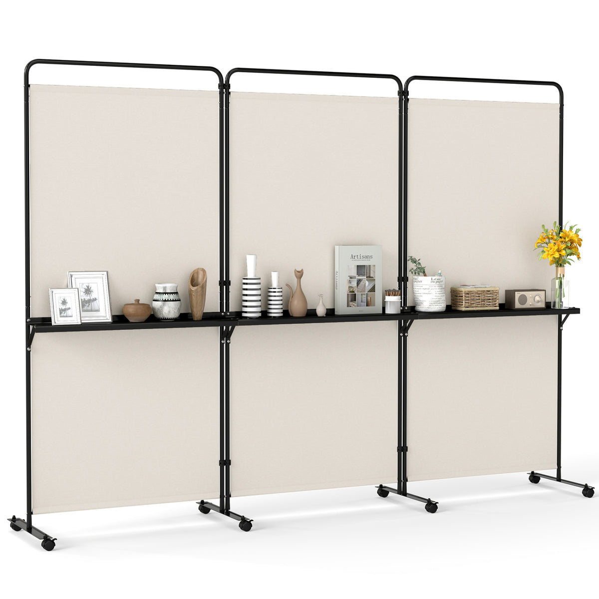 3-Panel Room Divider with Shelves 6 FT Tall Folding Privacy Screen with Lockable Wheels-White