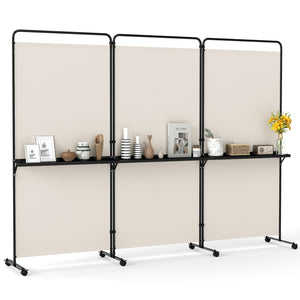 3-Panel Room Divider with Shelves 6 FT Tall Folding Privacy Screen with Lockable Wheels-White