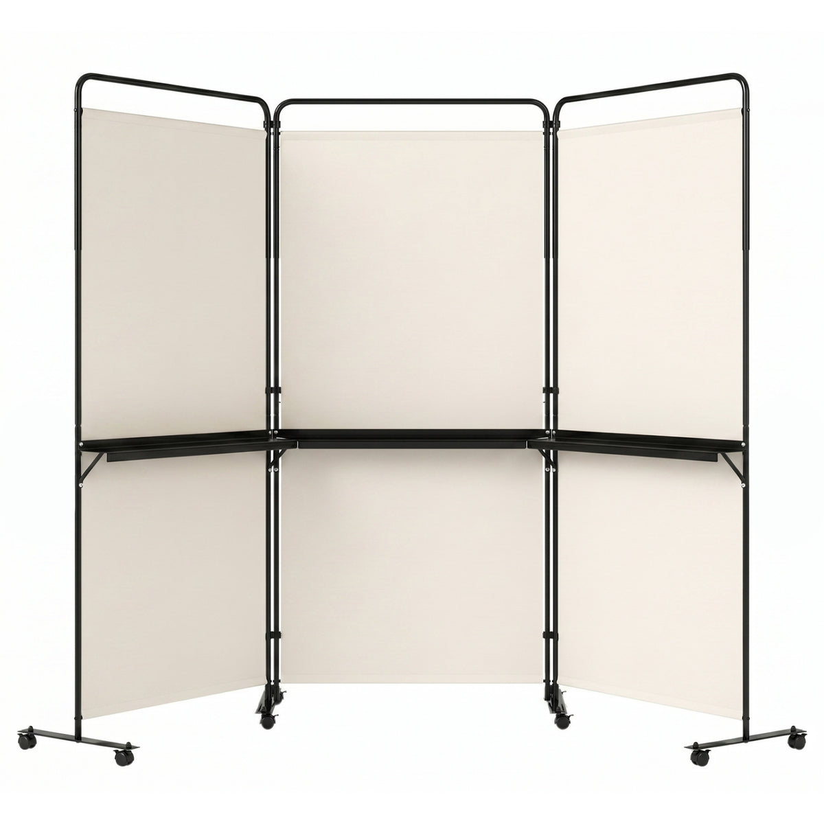 3-Panel Room Divider with Shelves 6 FT Tall Folding Privacy Screen with Lockable Wheels-White