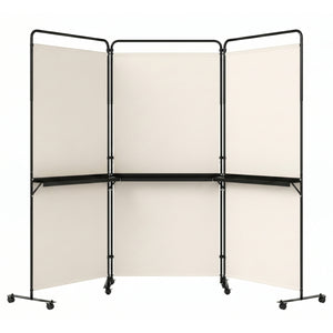 3-Panel Room Divider with Shelves 6 FT Tall Folding Privacy Screen with Lockable Wheels-White