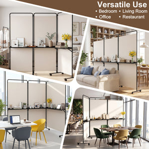 3-Panel Room Divider with Shelves 6 FT Tall Folding Privacy Screen with Lockable Wheels-White