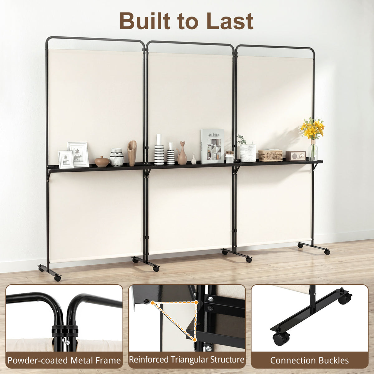 3-Panel Room Divider with Shelves 6 FT Tall Folding Privacy Screen with Lockable Wheels-White