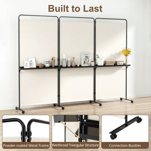 3-Panel Room Divider with Shelves 6 FT Tall Folding Privacy Screen with Lockable Wheels-White