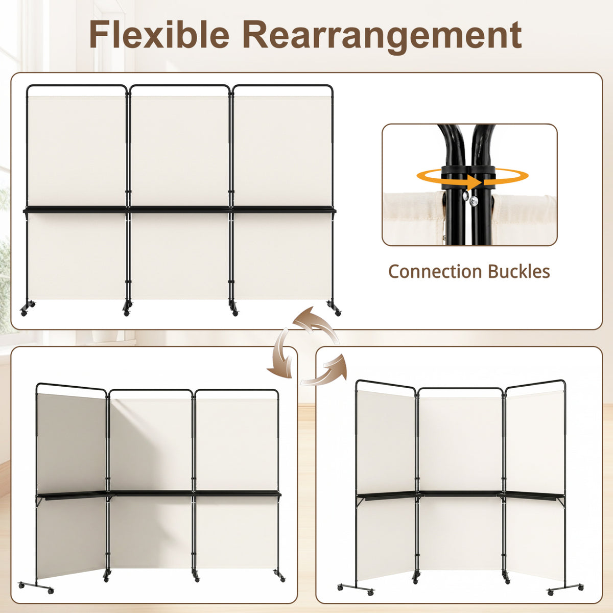 3-Panel Room Divider with Shelves 6 FT Tall Folding Privacy Screen with Lockable Wheels-White