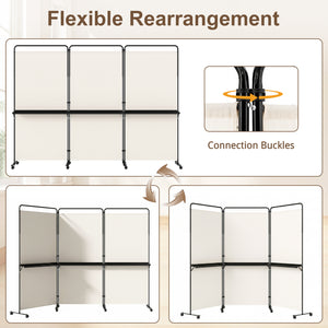 3-Panel Room Divider with Shelves 6 FT Tall Folding Privacy Screen with Lockable Wheels-White