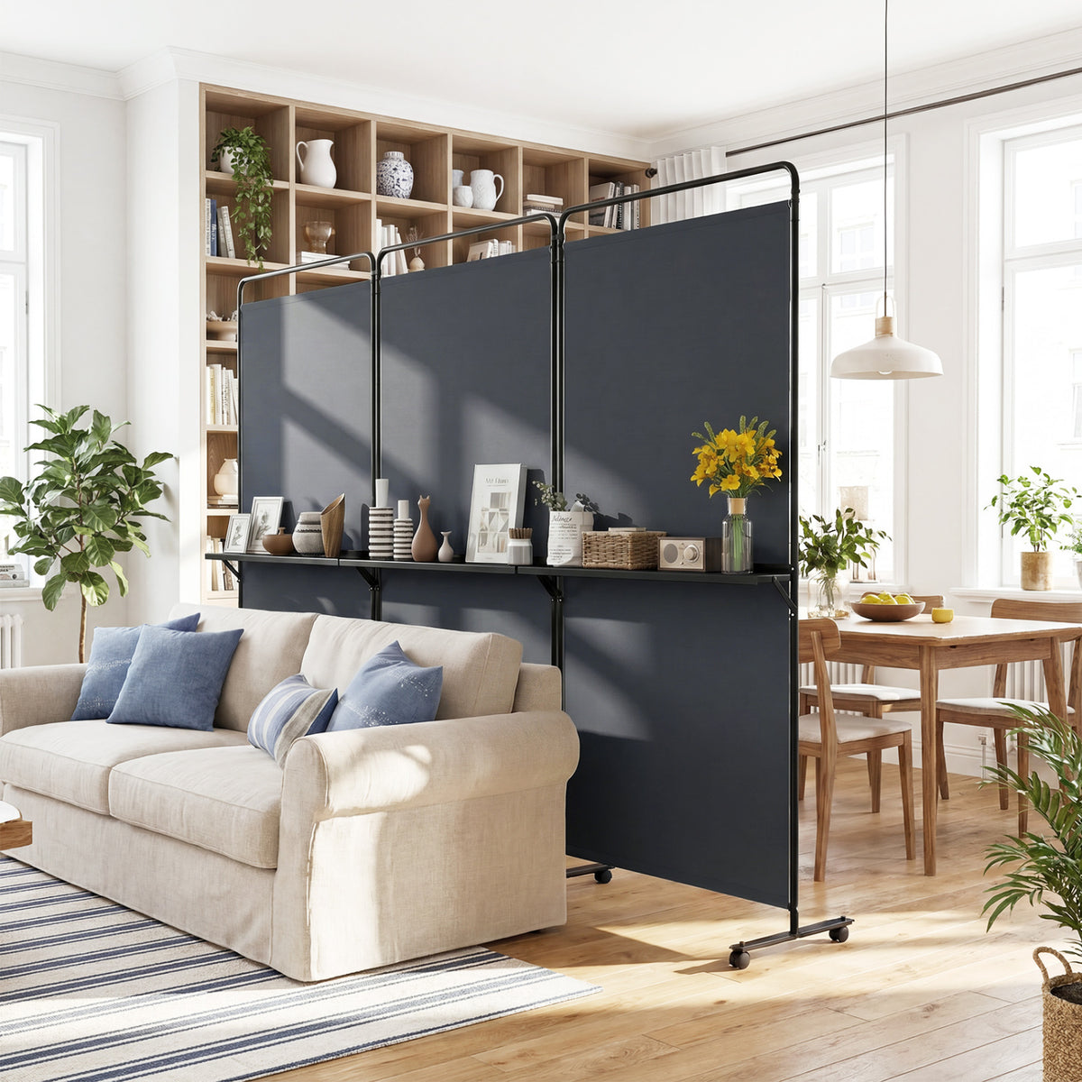 3-Panel Room Divider with Shelves 6 FT Tall Folding Privacy Screen with Lockable Wheels-Gray