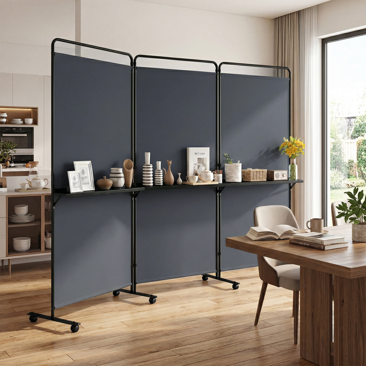 3-Panel Room Divider with Shelves 6 FT Tall Folding Privacy Screen with Lockable Wheels-Gray