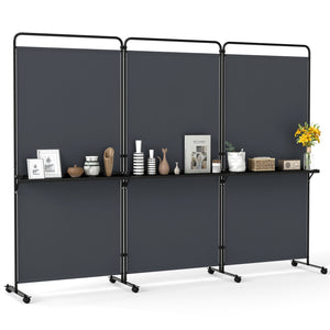 3-Panel Room Divider with Shelves 6 FT Tall Folding Privacy Screen with Lockable Wheels-Gray