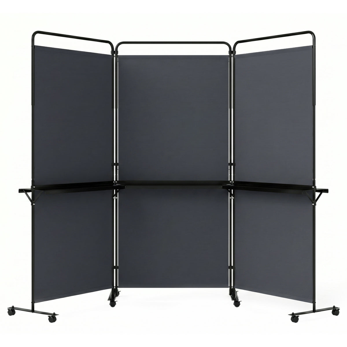 3-Panel Room Divider with Shelves 6 FT Tall Folding Privacy Screen with Lockable Wheels-Gray