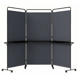 3-Panel Room Divider with Shelves 6 FT Tall Folding Privacy Screen with Lockable Wheels-Gray