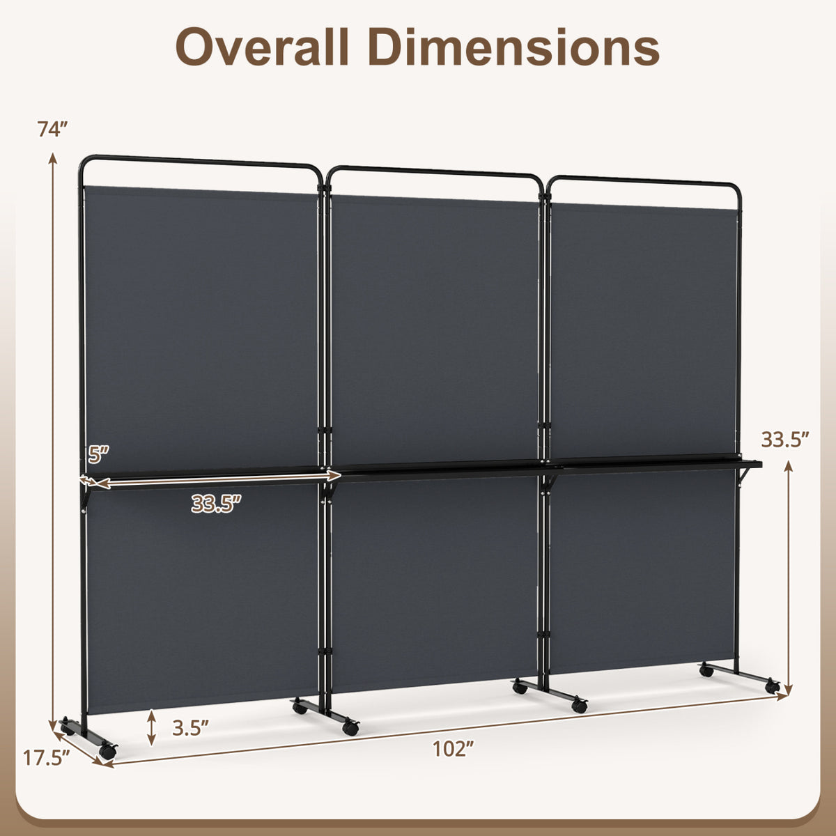 3-Panel Room Divider with Shelves 6 FT Tall Folding Privacy Screen with Lockable Wheels-Gray