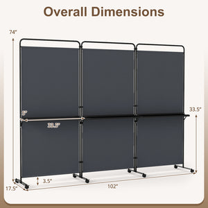 3-Panel Room Divider with Shelves 6 FT Tall Folding Privacy Screen with Lockable Wheels-Gray