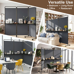 3-Panel Room Divider with Shelves 6 FT Tall Folding Privacy Screen with Lockable Wheels-Gray