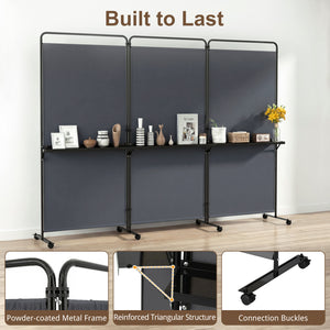 3-Panel Room Divider with Shelves 6 FT Tall Folding Privacy Screen with Lockable Wheels-Gray
